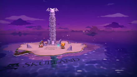 A vibrant HD wallpaper from Cat Quest III, featuring a mystical island called Skullland with a towering stone structure and colorful characters against a rich purple sky.