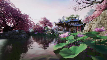 An HD desktop wallpaper featuring a mystical temple scene from the video game Sword and Fairy 7, blending enchanting visuals with rich fantasy elements.