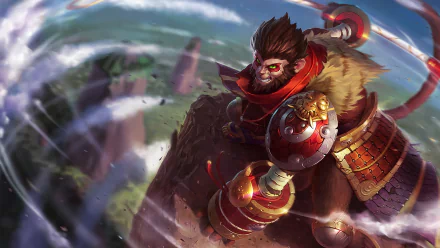 A dynamic HD desktop wallpaper featuring Wukong from League of Legends, showcasing his powerful stance amidst swirling winds and a vibrant landscape.