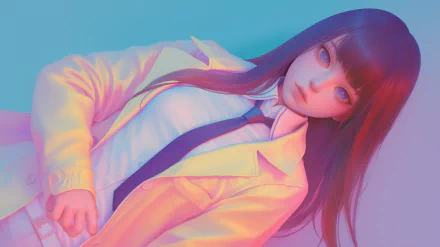 Anime-inspired HD wallpaper featuring Kurisu Makise from Steins;Gate, showcasing a vibrant color palette with her in a stylish yellow jacket and tie against a soft background.