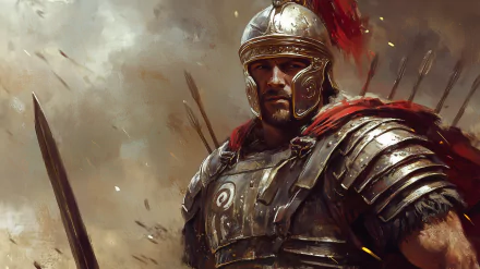 A striking HD desktop wallpaper featuring a Roman gladiator, capturing the strength and valor of ancient warriors amidst a dramatic background.