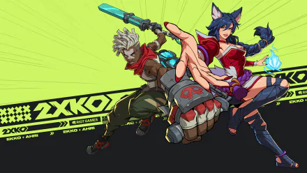 HD desktop wallpaper featuring 2XKO characters Ahri and Ekko from League of Legends, showcasing vibrant action against a bold neon background.