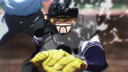 Anime-inspired HD wallpaper showcasing Kei Kaname catching a baseball, wearing a helmet and mask. The dynamic action captures the intensity of the Oblivion Battery theme.
