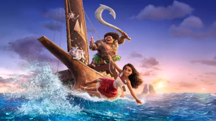 A vibrant 4K Ultra HD PC desktop wallpaper from Moana 2 featuring Moana and Maui on a sailing canoe amidst waves at sunset.