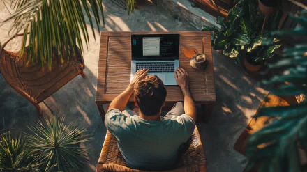 A digital nomad programmer works on a laptop at a wooden table surrounded by lush plants, capturing a serene and focused workspace in a tropical setting.