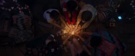 A captivating HD wallpaper featuring a group of individuals gathered around a glowing light, creating an enchanting atmosphere reminiscent of the TV show Agatha All Along.