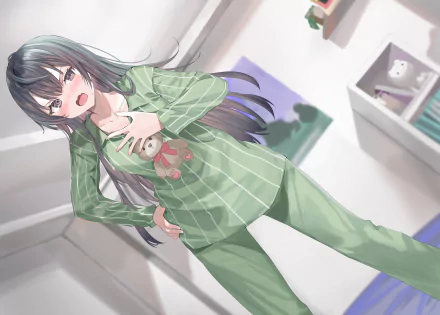 HD anime desktop wallpaper featuring Yuki Suou, a girl from Alya Sometimes Hides Her Feelings, depicted in green pajamas in a softly lit room.