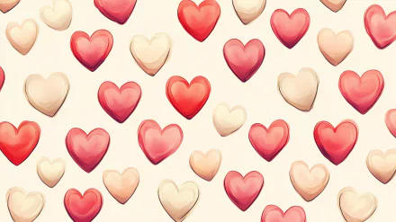 A colorful heart pattern in varying shades of red and pink, set against a soft beige background, creates a charming HD desktop wallpaper.