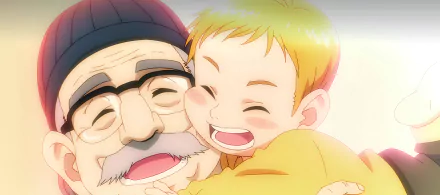 A heartwarming anime scene featuring a joyful child hugging an elderly man, embodying love and connection in a vibrant HD wallpaper from Rising Impact.