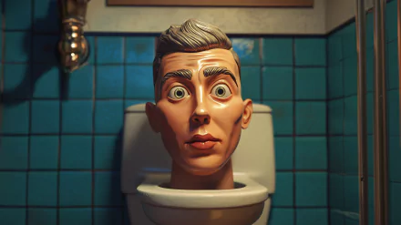 A humorous HD desktop wallpaper featuring a cartoonish head emerging from a toilet, set against a vibrant blue tiled background, embodying the quirky skibidi toilet theme.
