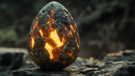 A glowing, cracked dragon egg rests on rocky terrain, radiating fiery light from within, encapsulating a mesmerizing fantasy scene in stunning HD quality.