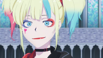 Anime Harley Quinn (Suicide Squad Isekai) close-up: blonde pigtails with pink and blue tips, heart cheek mark, sly smile — HD PC desktop wallpaper/background.