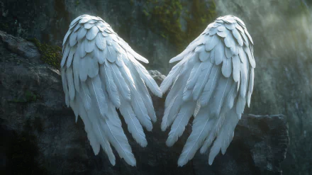 A stunning HD desktop wallpaper featuring a pair of elegant angel wings, intricately detailed and positioned to form a heart shape against a serene backdrop.