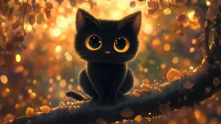 A charming black cat with large, expressive eyes sits on a tree branch, surrounded by glowing autumn leaves. A delightful Sanrio Chococat-themed HD desktop wallpaper.
