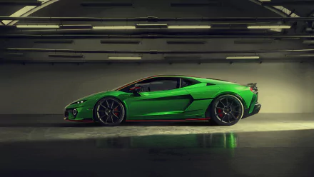 A sleek green Lamborghini Temerario stands poised in a modern garage, showcasing its dynamic design. This striking image serves as a vibrant 4K Ultra HD desktop wallpaper.