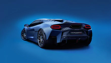 A sleek Lamborghini Temerario sports car is showcased against a vibrant blue background, emphasizing its dynamic design and modern aesthetics in this HD desktop wallpaper.