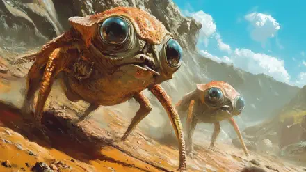 A stunning HD desktop wallpaper featuring alien creatures with large eyes and unique forms, set against a rocky landscape under a bright blue sky. A captivating sci-fi visual.