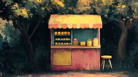 A charming lemonade stand nestled among trees, featuring jars and a vibrant canopy, serves as an inviting HD desktop wallpaper and background.