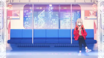 4K Ultra HD anime wallpaper featuring Alisa Mikhailovna Kujou from Alya Sometimes Hides Her Feelings, sitting alone on a futuristic subway train with a cityscape outside.