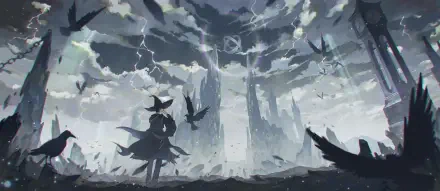 A striking HD desktop wallpaper inspired by the novel Lord of Mysteries, featuring a cloaked figure amidst a stormy sky and swirling birds around a mysterious, jagged landscape.