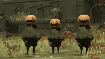 Three figures with pumpkin heads stand in an overgrown setting, dressed in dark attire. This HD wallpaper captures a Halloween-themed scene with a spooky vibe.