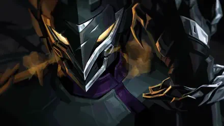 HD PC desktop wallpaper of Vyse from Valorant: masked armored figure with glowing eyes and angular metal helmet, smoke and dramatic lighting in a video game background.