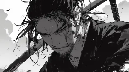 HD desktop wallpaper featuring Miyamoto Musashi from the manga *Vagabond*. A striking background that captures the essence of this iconic character.