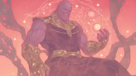 HD desktop wallpaper featuring Thanos from the comics, depicting him seated with an intense expression against a cosmic backdrop filled with swirling stars and energy.
