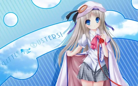 HD PC desktop wallpaper featuring an anime character from Little Busters! with long silver hair, blue eyes, and a white school uniform against a blue sky background.
