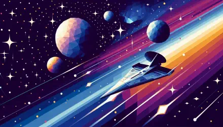 A vibrant 4K Ultra HD wallpaper depicting a futuristic spacecraft navigating through a colorful expanse of stars and planets, embodying the essence of space travel.