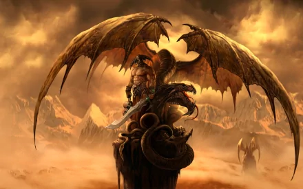 HD desktop wallpaper featuring a muscular warrior riding a dragon with expansive wings, set against a dramatic, fantasy-themed landscape.