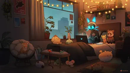 A cozy cartoon room with soft lighting, featuring a character with blue ears using a laptop, surrounded by plush toys and plants, creating a relaxing lofi atmosphere. HD desktop wallpaper.