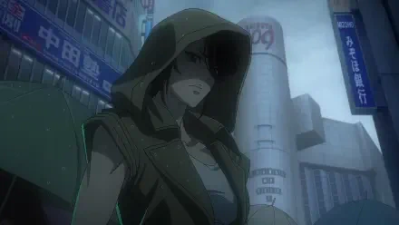 A captivating HD desktop wallpaper featuring an anime character from Terminator Zero, shrouded in a hooded cloak against a futuristic urban backdrop.