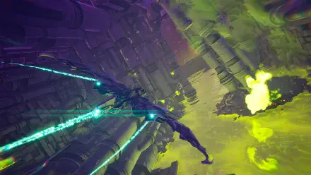 A vibrant HD PC desktop wallpaper featuring a futuristic spaceship navigating a surreal landscape, embodying the aesthetic of the video game Akimbot.