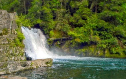 HD PC desktop wallpaper of Abrams Falls waterfall cascading into a river surrounded by lush green forest in nature.