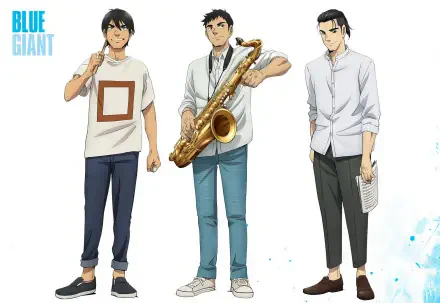 A vibrant HD desktop wallpaper featuring characters from the anime Blue Giant, showcasing dynamic scenes and colorful artistry that captivates fans of the genre.