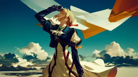 HD wallpaper featuring Violet Evergarden, a character from the anime series of the same name, showcasing her signature look and emotional depth in a stunning visual format.