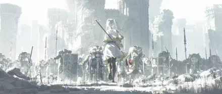 HD PC desktop wallpaper featuring Frieren from the anime Frieren: Beyond Journey's End, standing with her staff in a misty, ancient ruin landscape.