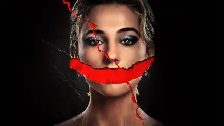 A striking 4K Ultra HD PC desktop wallpaper featuring a woman's face with a cracked red smile painted across her mouth and cheek, set against a dark background.