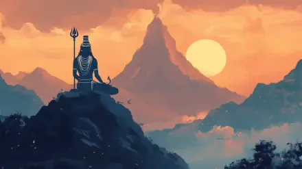 A serene depiction of Lord Shiva, Mahadev, seated in meditation against a breathtaking sunset backdrop with mountains, creating a peaceful and spiritual atmosphere.