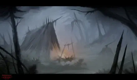 A misty, atmospheric scene from the video game Perennial Order, featuring a campfire surrounded by shadowy trees and structures, creating a mysterious and immersive environment.