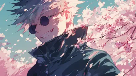 HD PC desktop wallpaper featuring AI art of Satoru Gojo from Jujutsu Kaisen, with cherry blossoms and a bright, dynamic background.