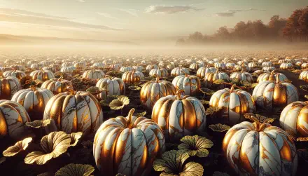 A serene pumpkin patch at sunrise, featuring rows of beautifully striped pumpkins amidst lush green leaves, captured in stunning 4K Ultra HD quality.
