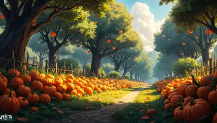 A picturesque pumpkin patch features vibrant orange pumpkins lining a sunlit path, surrounded by lush trees and a serene sky, showcasing the beauty of autumn in a 4K Ultra HD background.