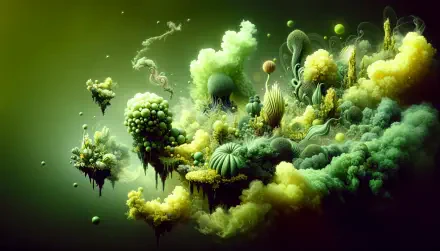 A vibrant 4K Ultra HD PC desktop wallpaper featuring surreal, floating landscapes with whimsical greenery and ethereal clouds in shades of green and yellow.