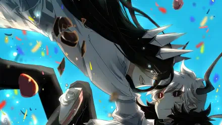 Dynamic anime scene from The Gray Garden, featuring two characters amidst colorful confetti and debris, set against a vibrant blue background. High-definition desktop wallpaper.