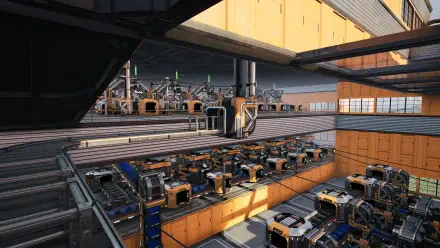 A detailed HD wallpaper from the video game Satisfactory, showcasing an expansive industrial layout with intricate machinery and vibrant orange structures.