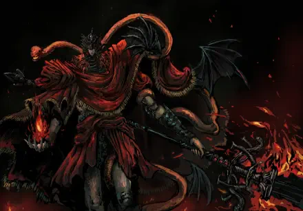 HD wallpaper featuring Messmer the Impaler from Elden Ring: Shadow of the Erdtree, showcasing a dark, dynamic character with red robes and fierce, menacing attributes.