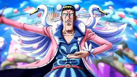 Anime-inspired HD wallpaper featuring Bentham from One Piece, showcasing his flamboyant style with swan motifs and a vibrant background.