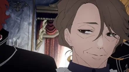 A detailed anime scene from Delico's Nursery features a character with an enigmatic smile, set against an opulent background with rich drapery and elegant decor. Suitable as an HD desktop wallpaper.